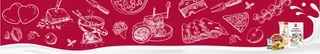 swissmooh brand banner with white food illustrations on a red background and dairy products at the right.