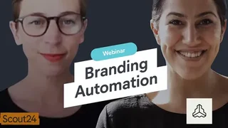 Branding Automation webinar artwork with two speaker portraits and Scout24 branding.