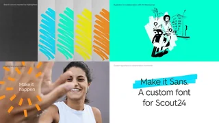 Scout24 identity collage with highlighter marks, illustration, photography and the Make it Sans typeface.