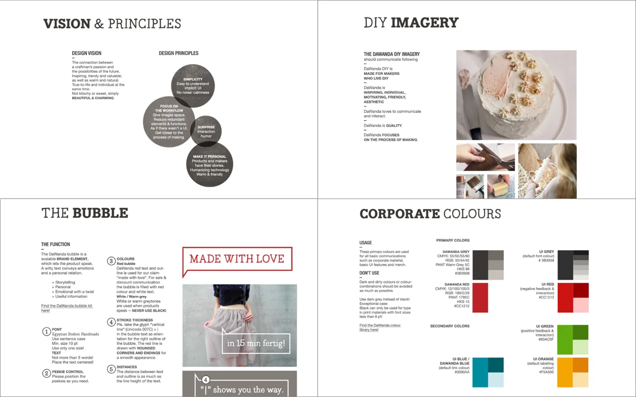 DaWanda DIY brand guidelines covering design vision and principles, imagery, the speech-bubble element and corporate colours.