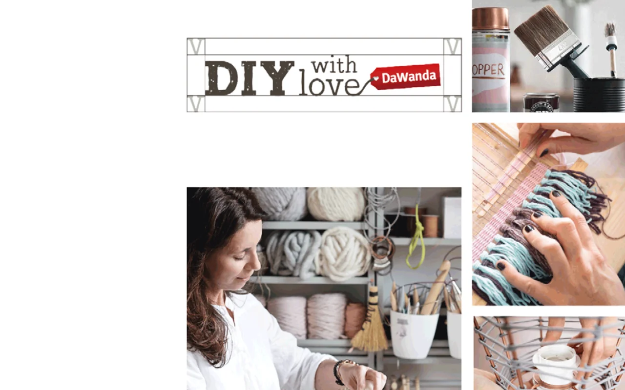 DaWanda DIY with love identity with craft photography showing a maker, weaving and painting materials.