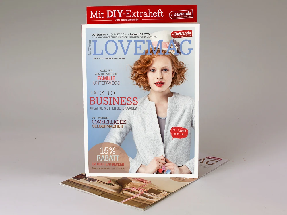DaWanda LOVEMAG summer 2014 cover with a portrait and a red DIY supplement banner.