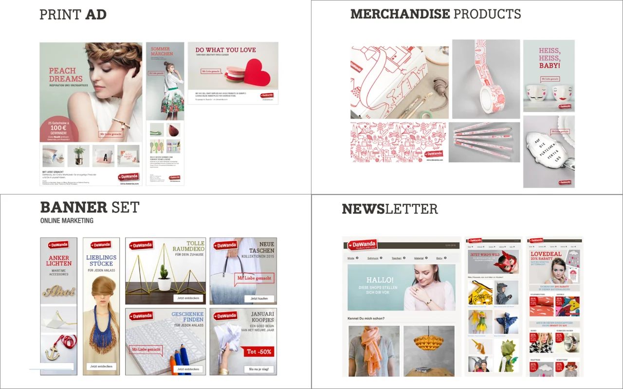 DaWanda print advertising, merchandise, online banner campaigns and newsletters.