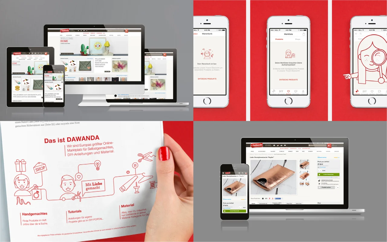 DaWanda responsive website and app, with red line illustrations and editorial brand applications.