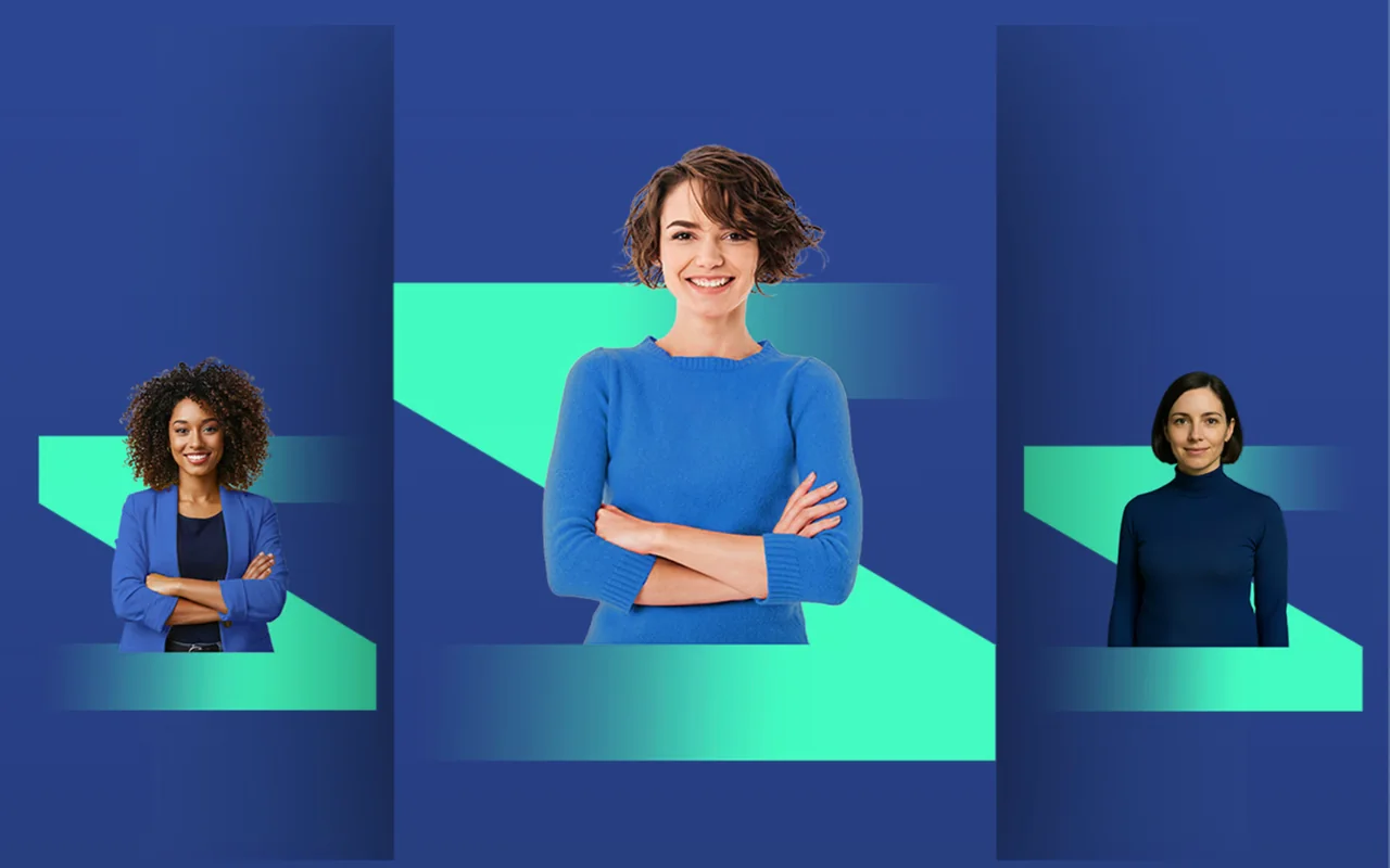 Emerge recruiting visual: three women framed by blue panels and green bands.