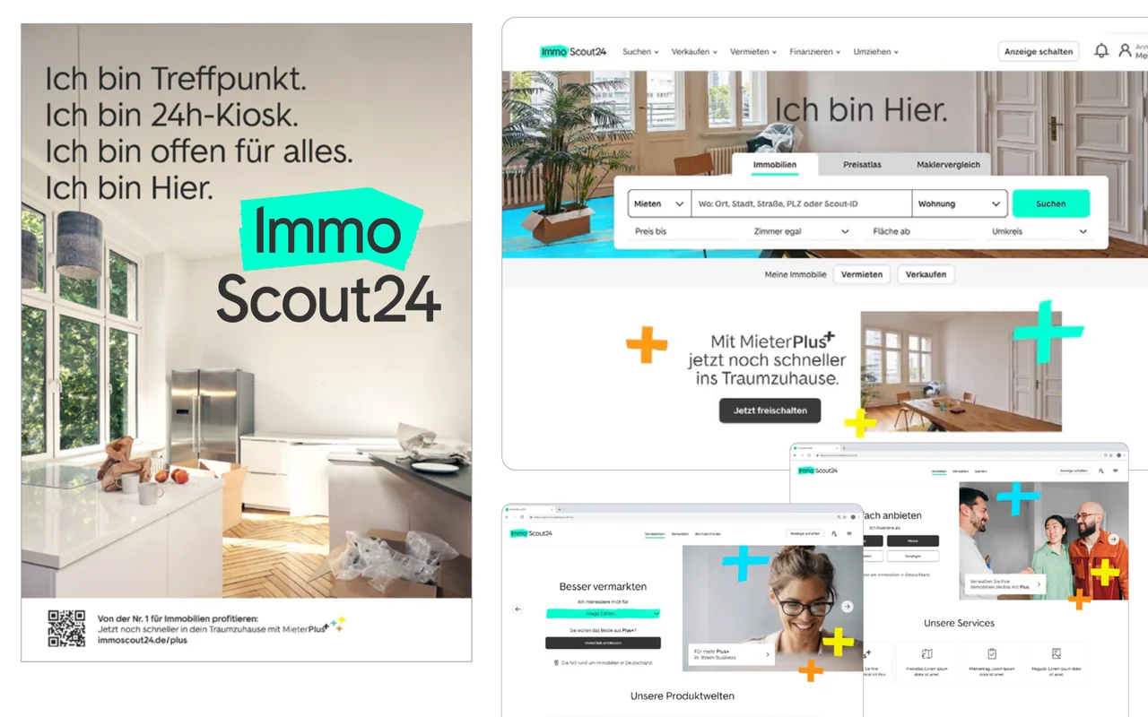 ImmoScout24 home-search campaign across a kitchen poster reading Ich bin Hier, the website, MieterPlus and professional property services.