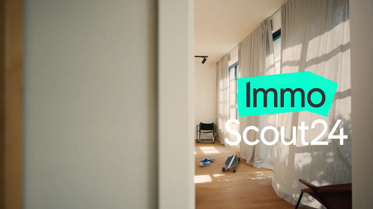 ImmoScout24 campaign: a sunlit room, skateboard and turquoise wordmark.