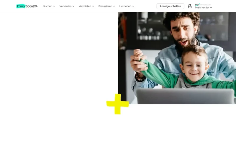 ImmoScout24 MieterPlus landing page with a father and child at a laptop and a yellow plus symbol.