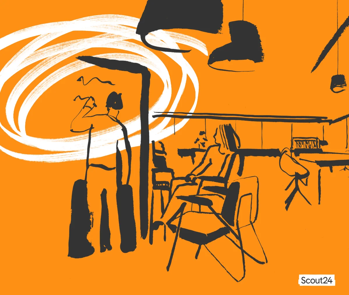 Scout24 studio illustration: people collaborating, with a white brushstroke on orange.