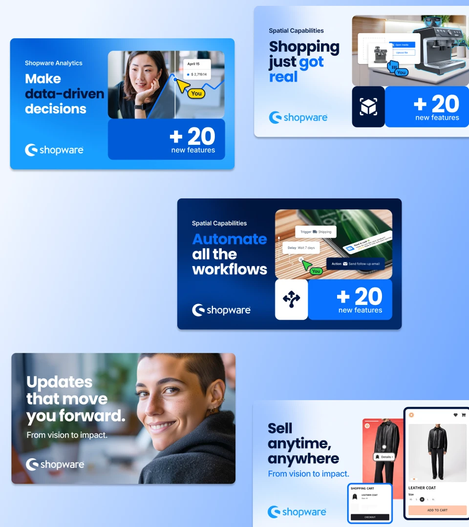 Shopware campaign layouts featuring analytics, spatial capabilities, workflow automation and commerce messaging on a blue background.