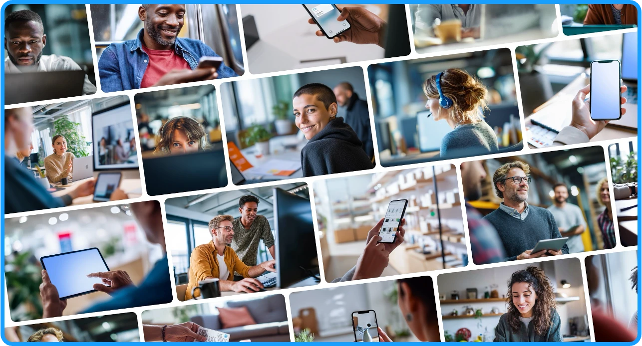 Shopware AI imagery collage: people working together and using digital devices.