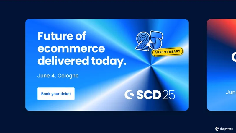 Shopware Community Day 2025 event identity with blue metallic graphics and a 25th-anniversary badge.