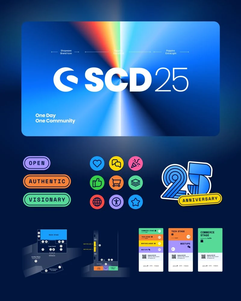 Shopware Community Day 2025 visual identity, colours, icons and anniversary graphics.