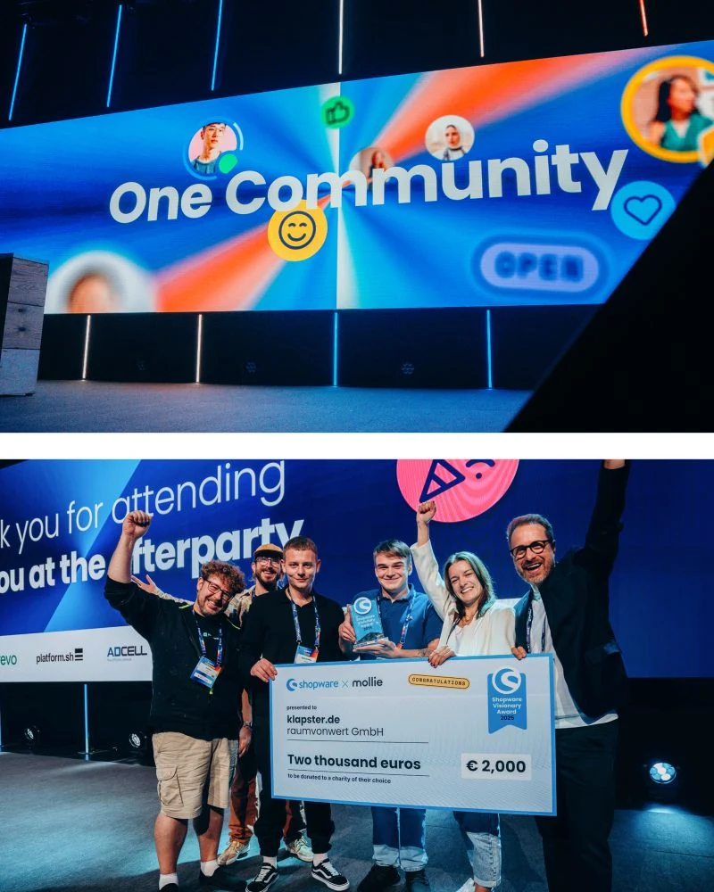Shopware Community Day One Community stage, afterparty signage and award presentation.