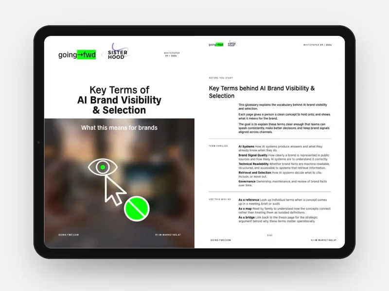 Tablet showing Key Terms of AI Brand Visibility & Selection by Sisterhood × going→fwd.