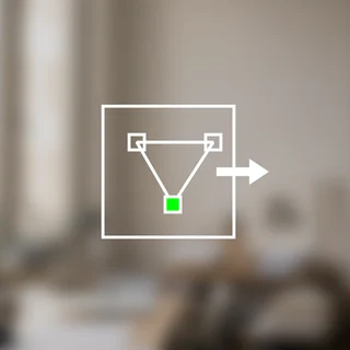 Connected decision nodes with a green output point and an arrow, over a blurred workspace.