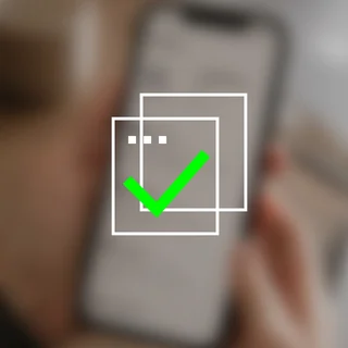 Overlapping interface panels with a green check mark, over a phone screen.