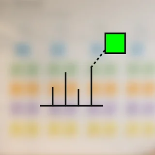 A chart extending upwards along a dotted line to a green square.