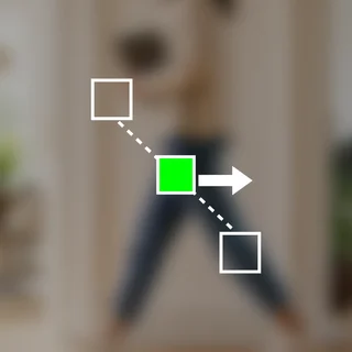 Linked squares with a central green node and an output arrow, over a person walking.