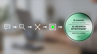 AI brand visibility graphic showing a sequence of search and selection symbols beside Kerstin Ludwig’s Rankscale AI Search Strategist badge.