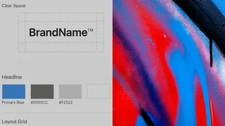 Brand guideline layout beside a close-up of vivid blue and red painted lettering.