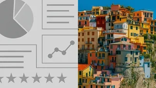Charts and rating symbols beside colourful houses on a hillside.