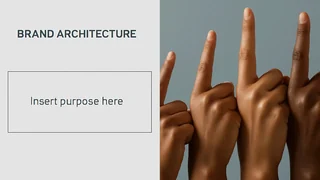 Brand architecture layout with the words Insert purpose here beside raised hands making a horns gesture.