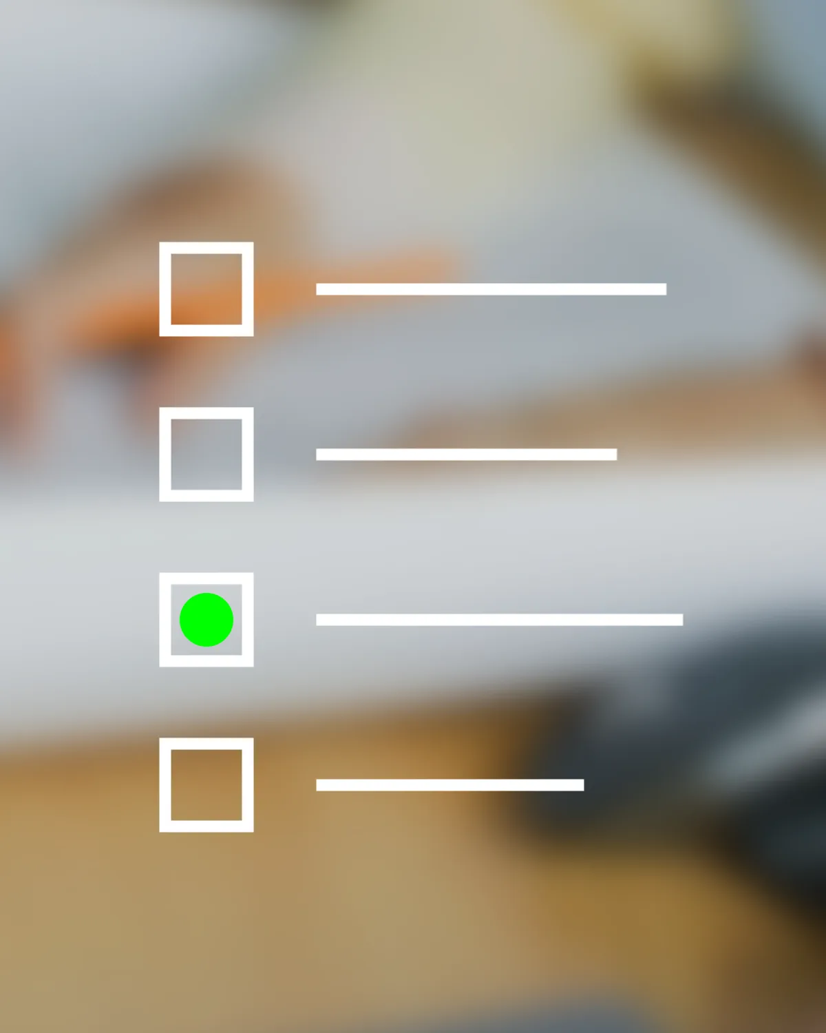 Four white search-result frames over a blurred background, with a green dot highlighting one result.